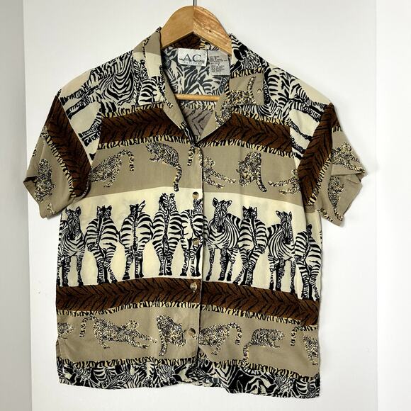 American Collection Vintage Brown Safari Animal Print Short Sleeve Size PS - Picture 3 of 7